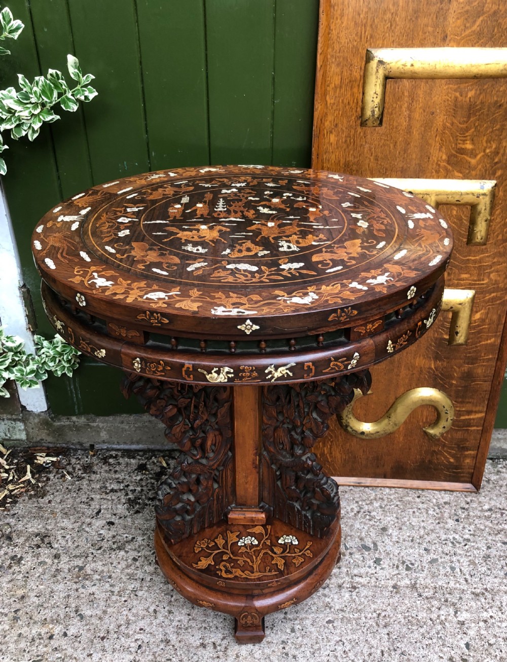 C19th Chinese hardwood circular occasional table with ivory and boxwood inlay. View XV