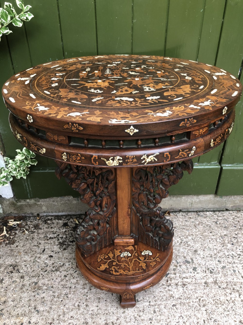 C19th Chinese hardwood circular occasional table with ivory and boxwood inlay.