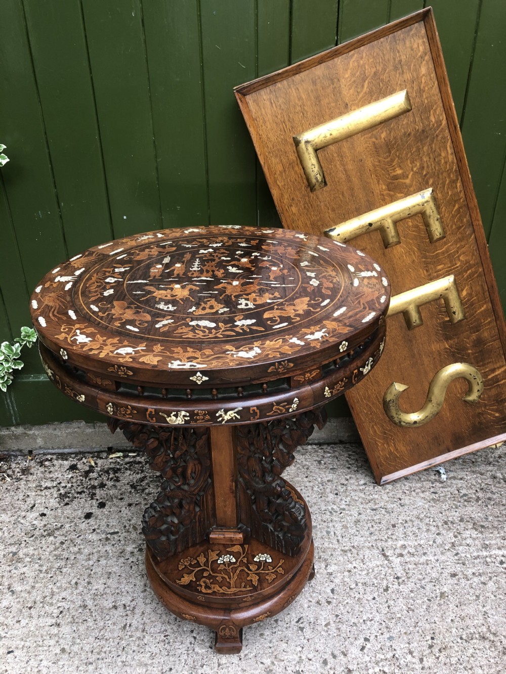 C19th Chinese hardwood circular occasional table with ivory and boxwood inlay. View X