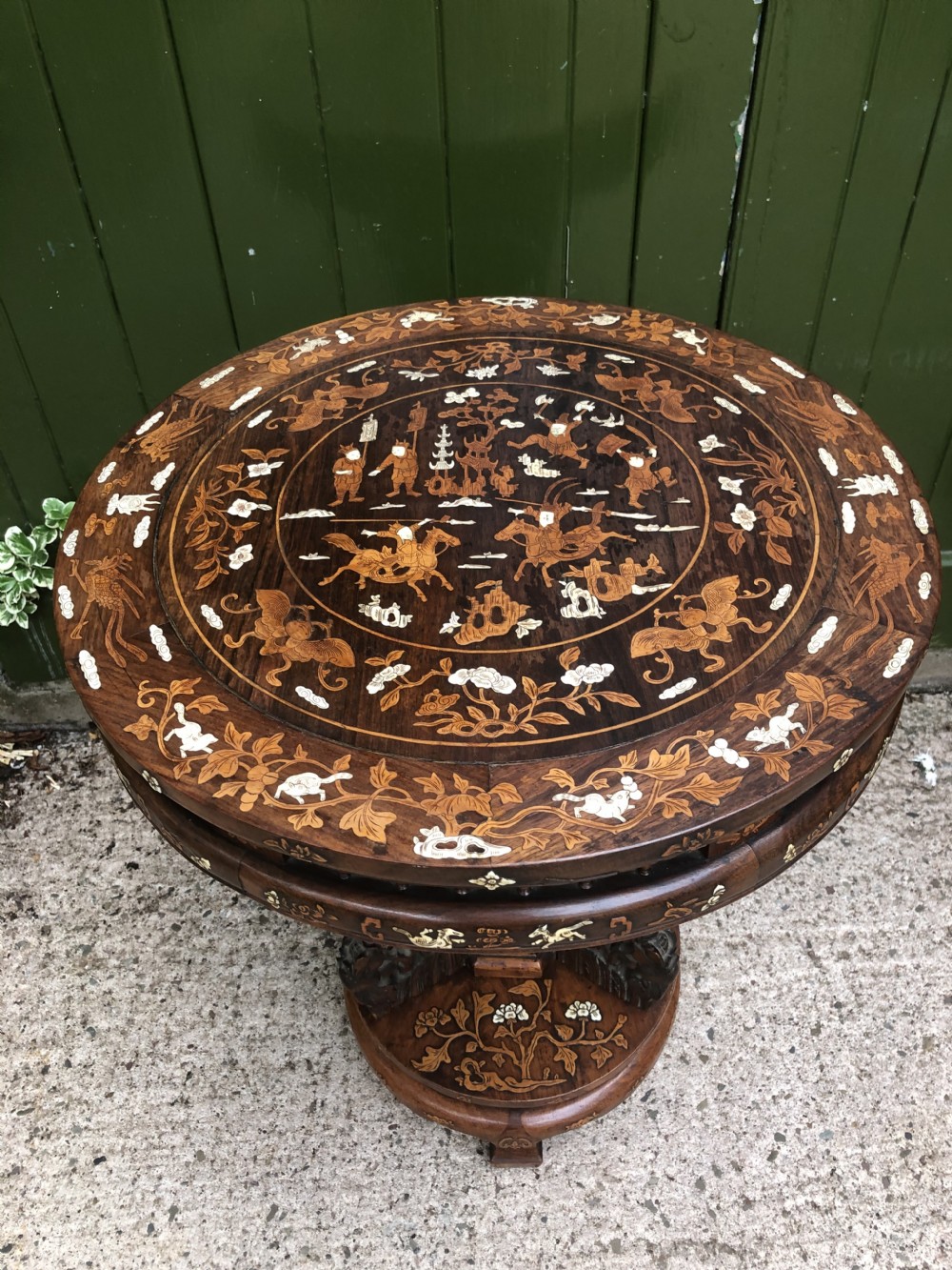 C19th Chinese hardwood circular occasional table with ivory and boxwood inlay. View XVI