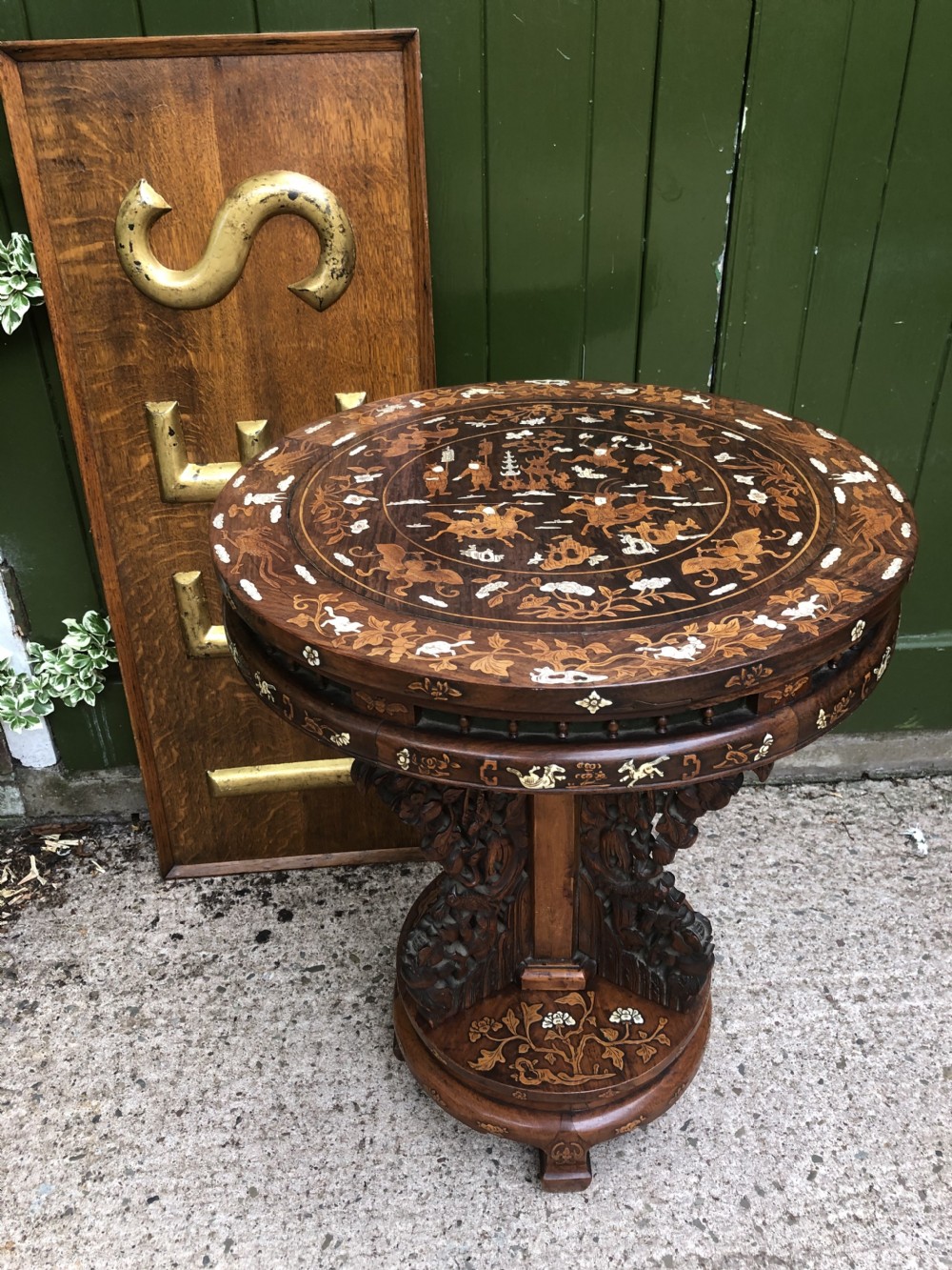 C19th Chinese hardwood circular occasional table with ivory and boxwood inlay. View XVII