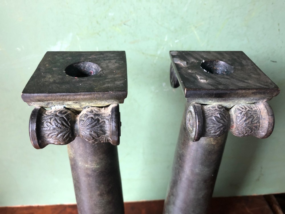 Pair of late C19th bronze classical column candlesticks. View XIV