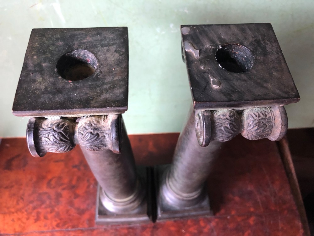 Pair of late C19th bronze classical column candlesticks. View XV