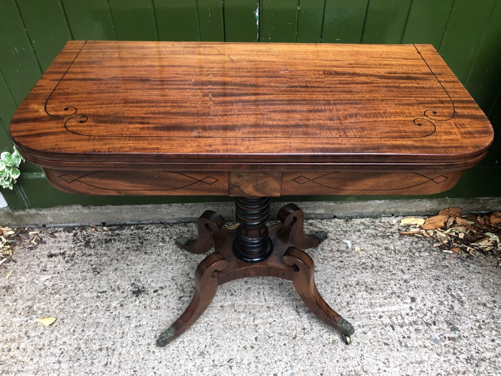 Early C19th Regency period mahogany and ebony string-inlaid fold-over card or games  table . View III