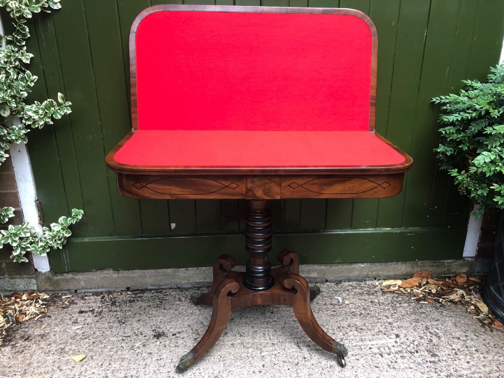 Early C19th Regency period mahogany and ebony string-inlaid fold-over card or games  table . View IX