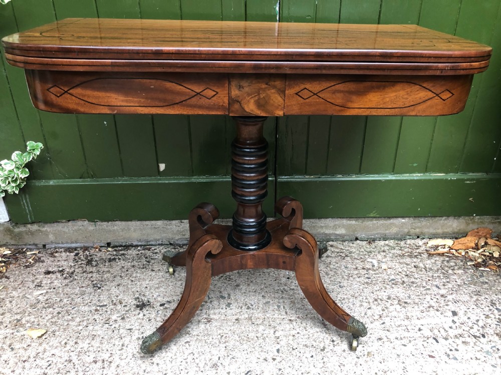 Early C19th Regency period mahogany and ebony string-inlaid fold-over card or games  table . View XVII