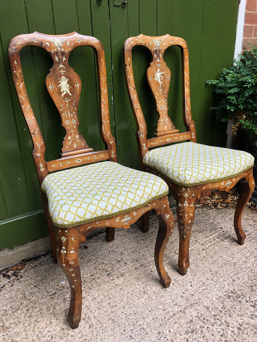 Pair of C18th Italian ivory-inlaid walnut side chairs. View III