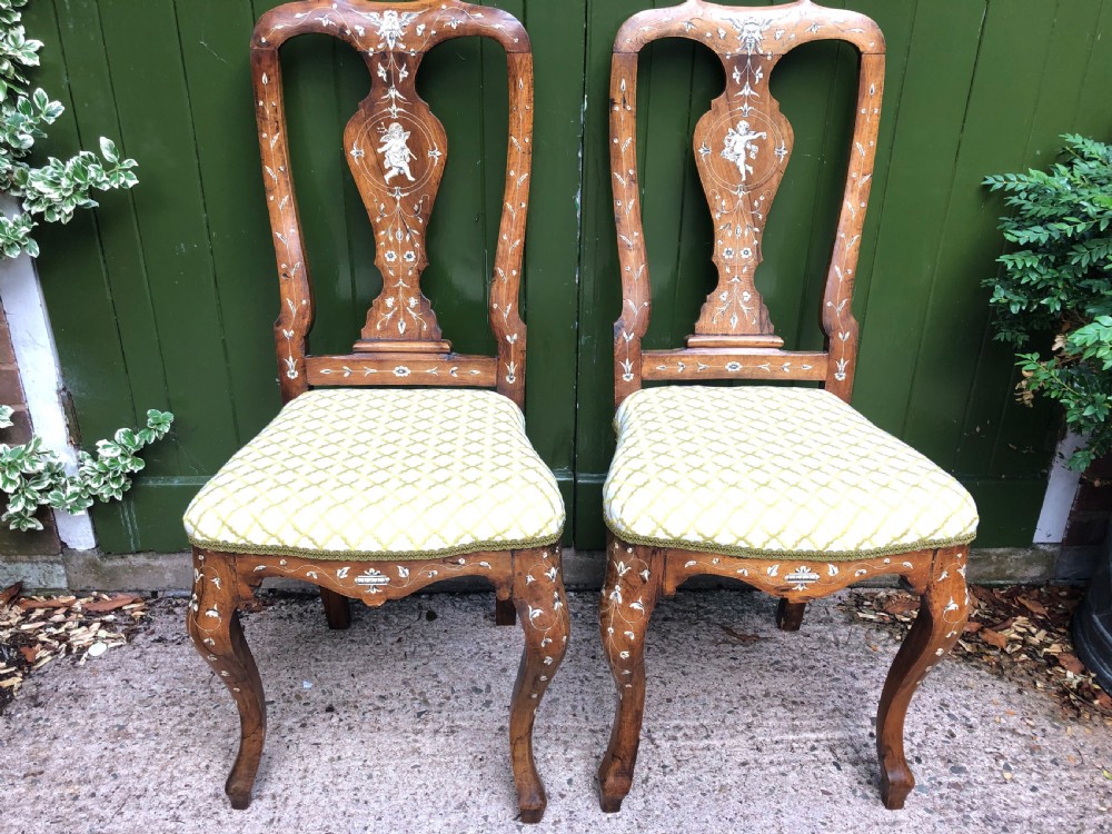 Pair of C18th Italian ivory-inlaid walnut side chairs. View IV