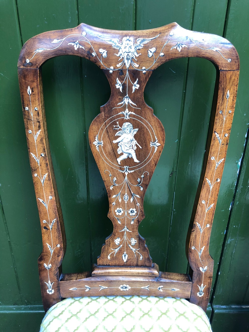 Pair of C18th Italian ivory-inlaid walnut side chairs. View V