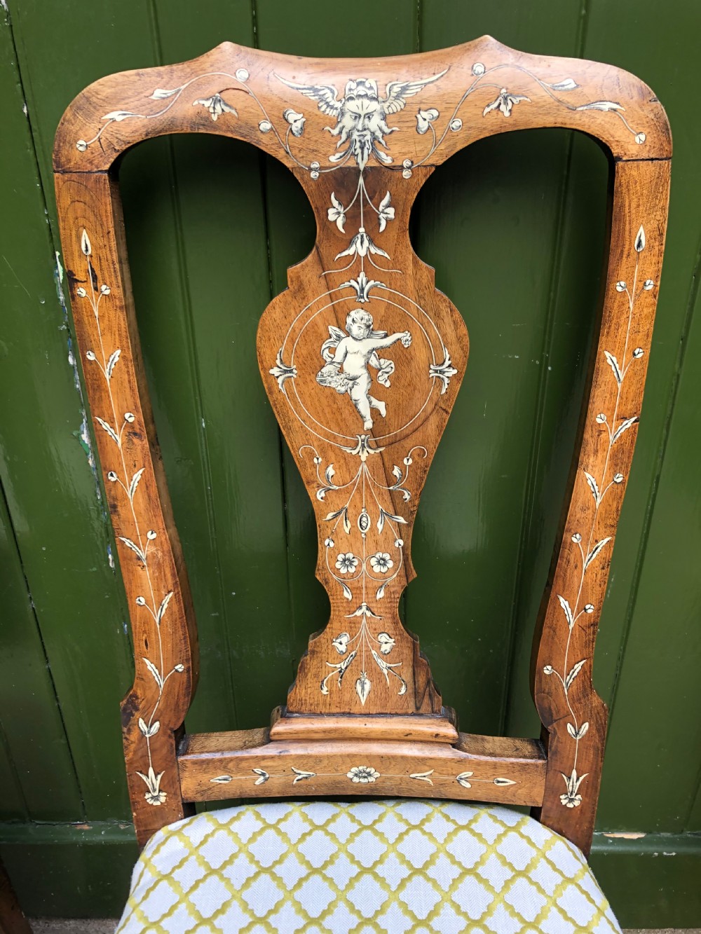 Pair of C18th Italian ivory-inlaid walnut side chairs. View VI