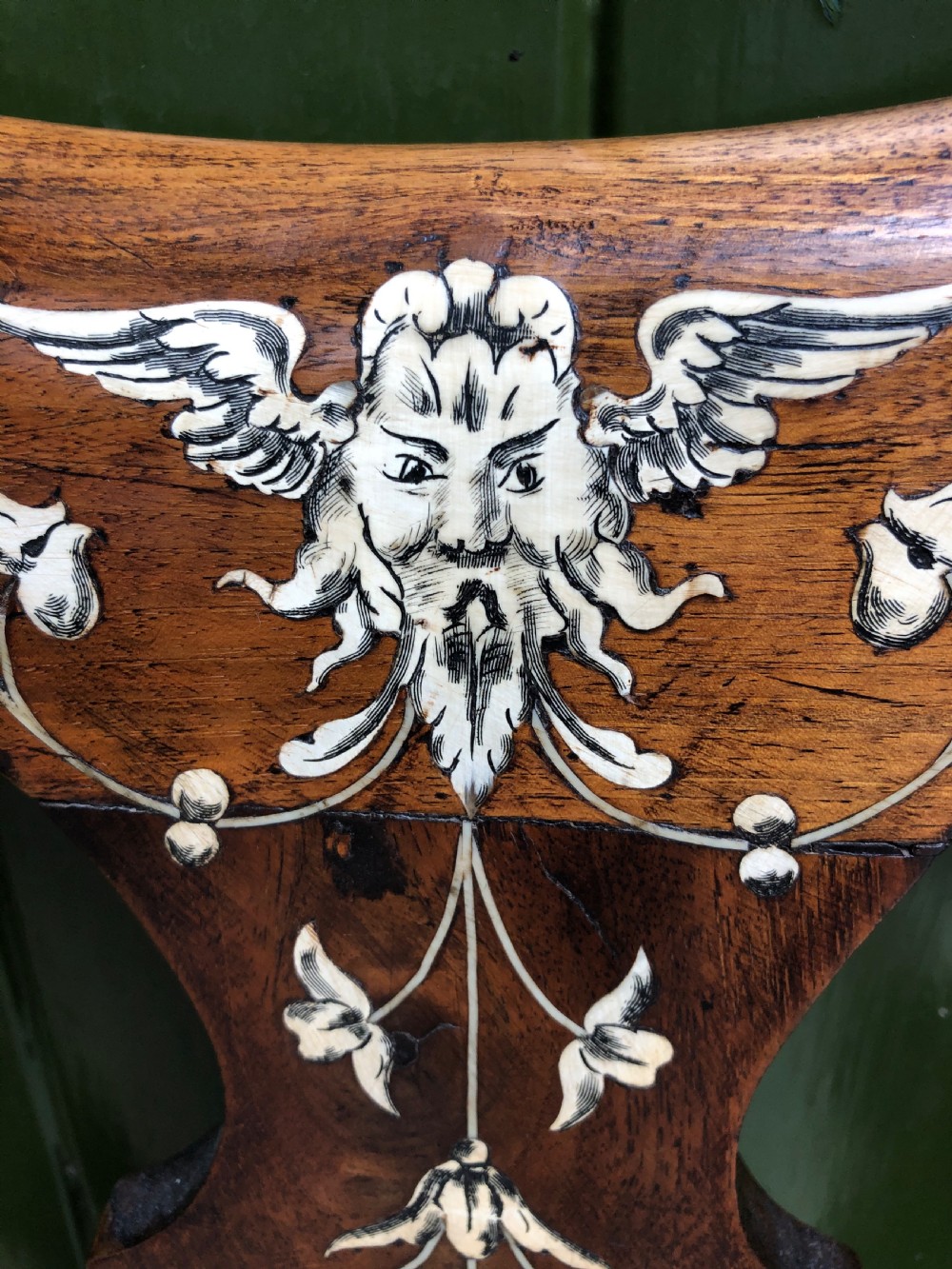 Pair of C18th Italian ivory-inlaid walnut side chairs. View VII