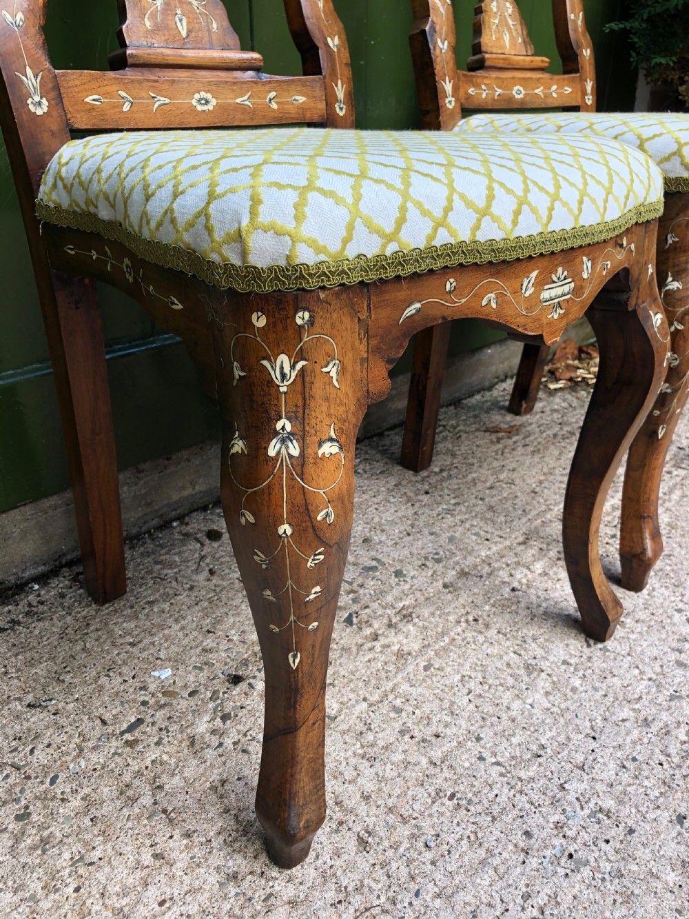Pair of C18th Italian ivory-inlaid walnut side chairs. View IX