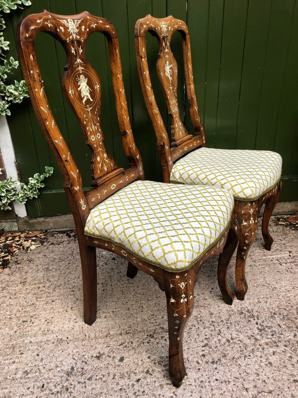 Pair of C18th Italian ivory-inlaid walnut side chairs. View X
