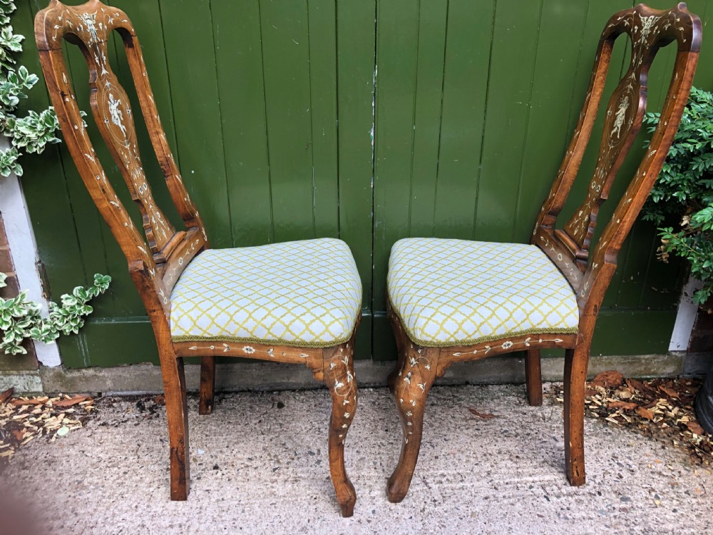 Pair of C18th Italian ivory-inlaid walnut side chairs. View XI