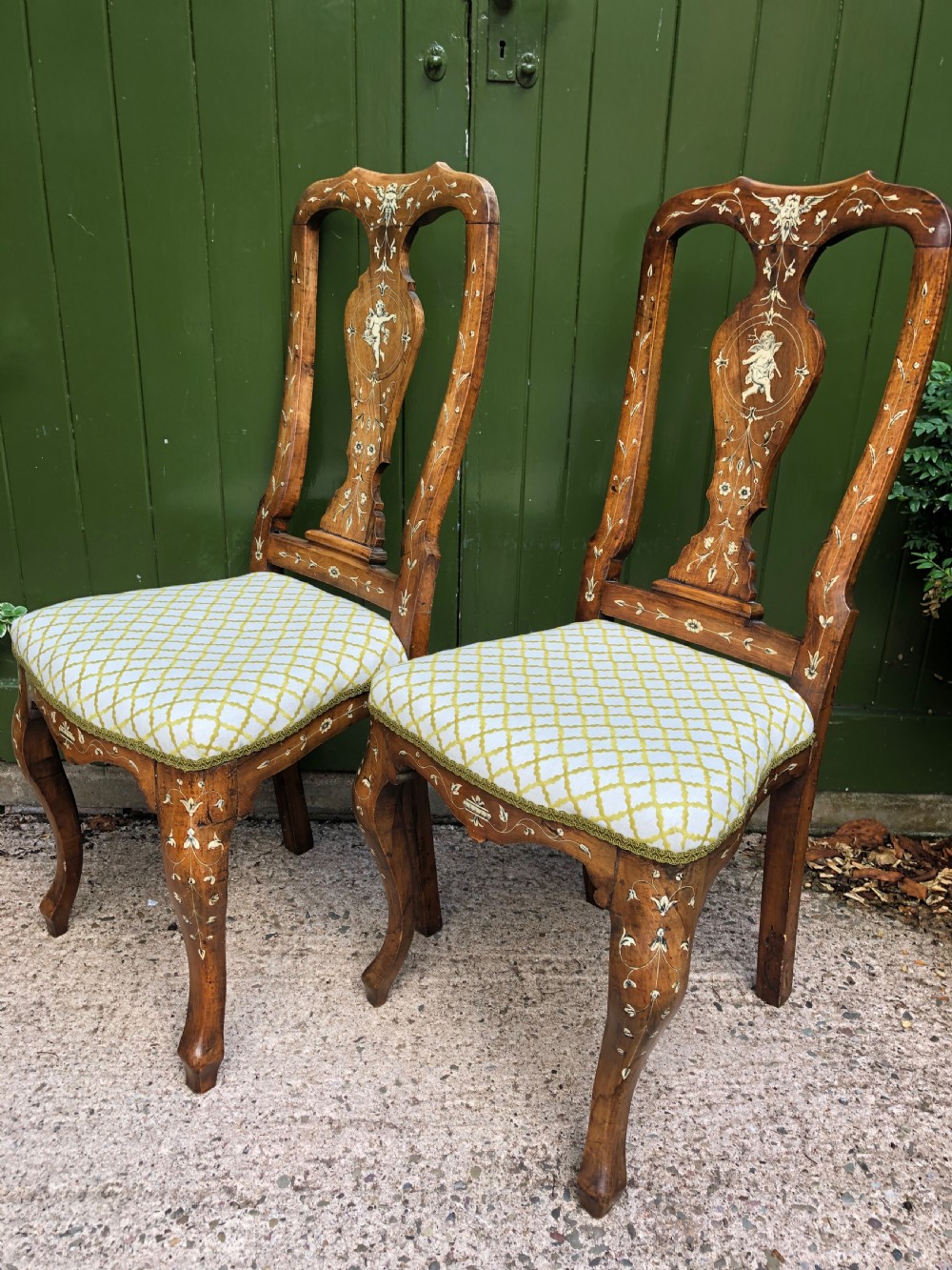 Pair of C18th Italian ivory-inlaid walnut side chairs. View XIV