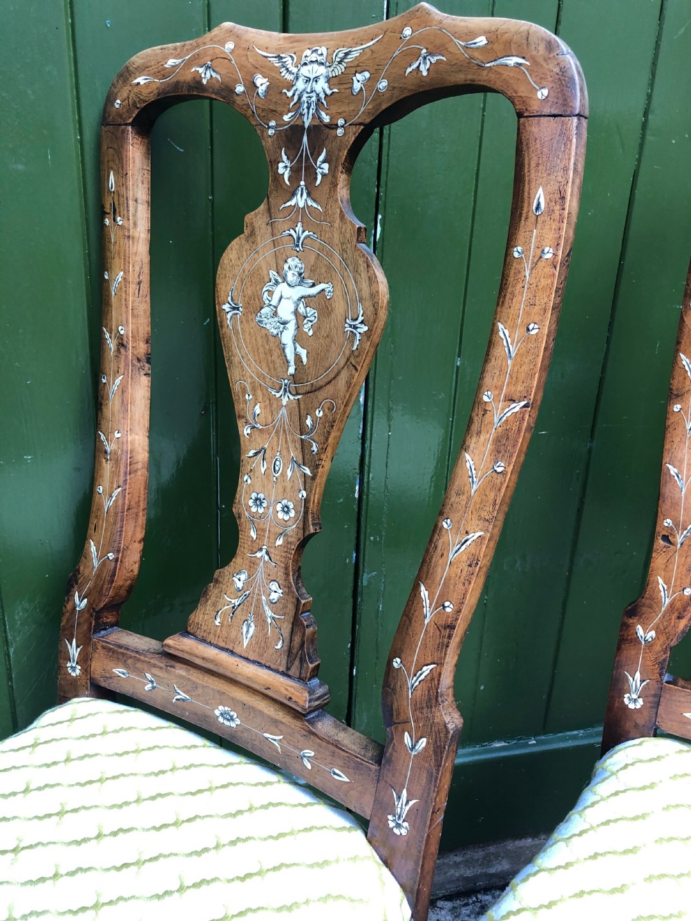 Pair of C18th Italian ivory-inlaid walnut side chairs. View XVI