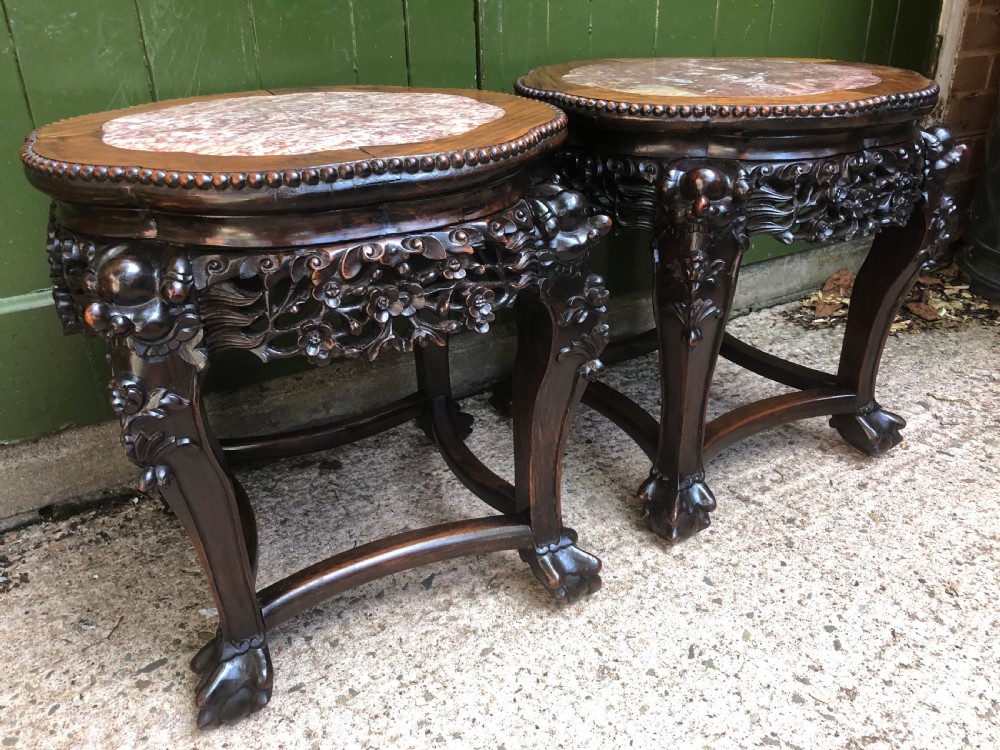 Pair of late C19th Chinese Qing Dynasty carved hardwood marble-topped tables or bowl-stands . View III