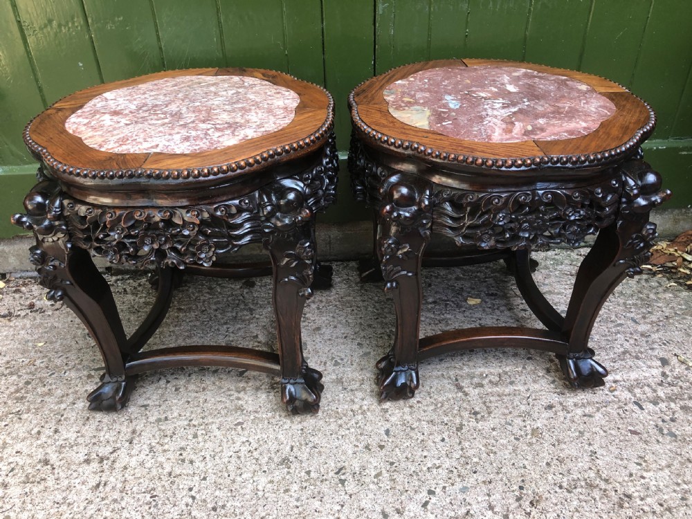 Pair of late C19th Chinese Qing Dynasty carved hardwood marble-topped tables or bowl-stands . View IV