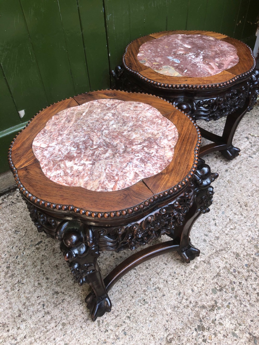 Pair of late C19th Chinese Qing Dynasty carved hardwood marble-topped tables or bowl-stands . View V