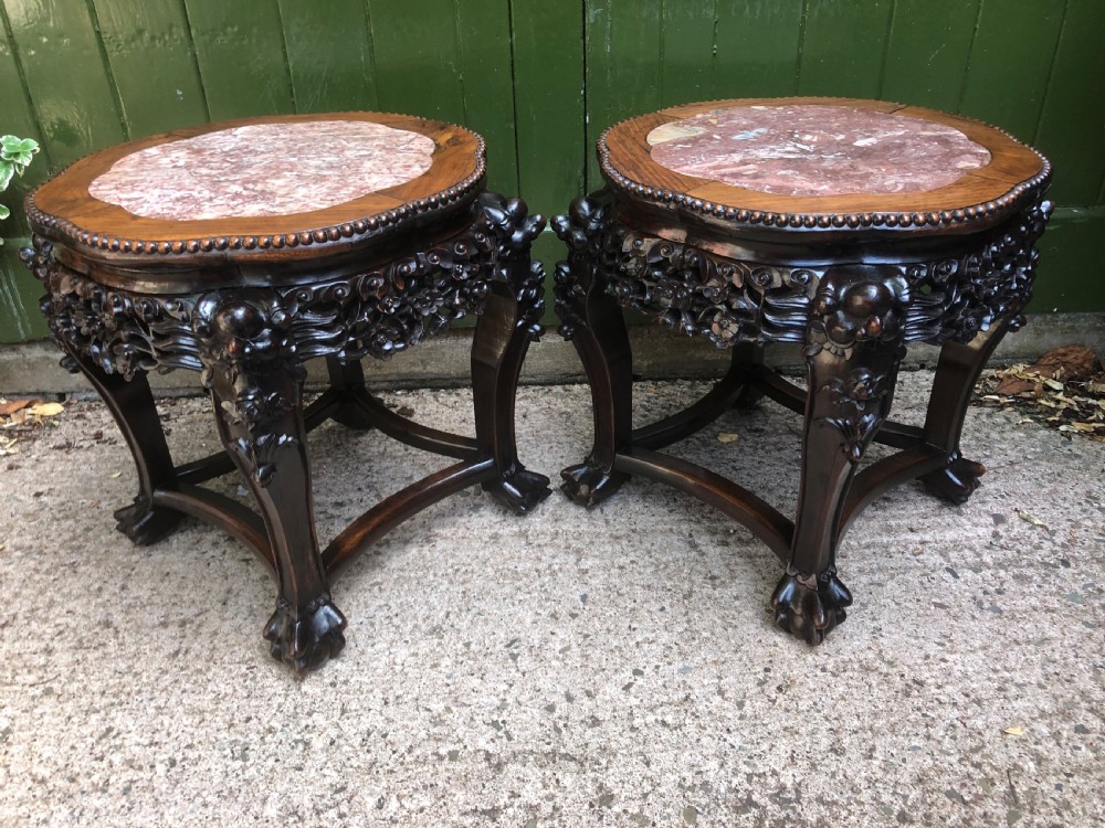 Pair of late C19th Chinese Qing Dynasty carved hardwood marble-topped tables or bowl-stands . View VIII