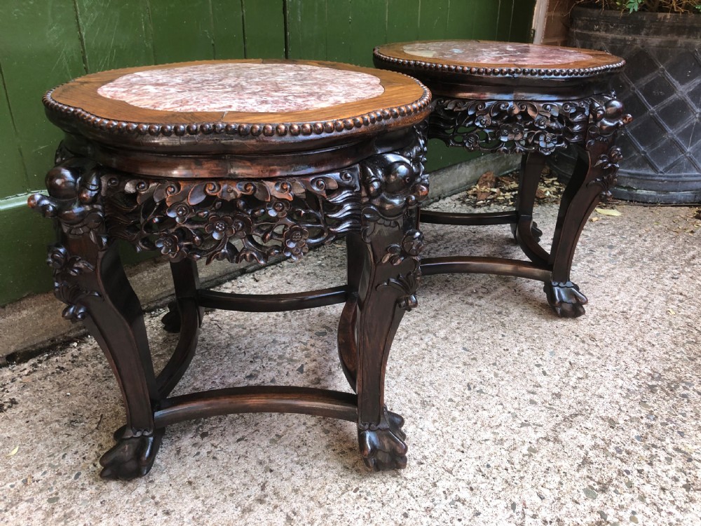 Pair of late C19th Chinese Qing Dynasty carved hardwood marble-topped tables or bowl-stands . View IX