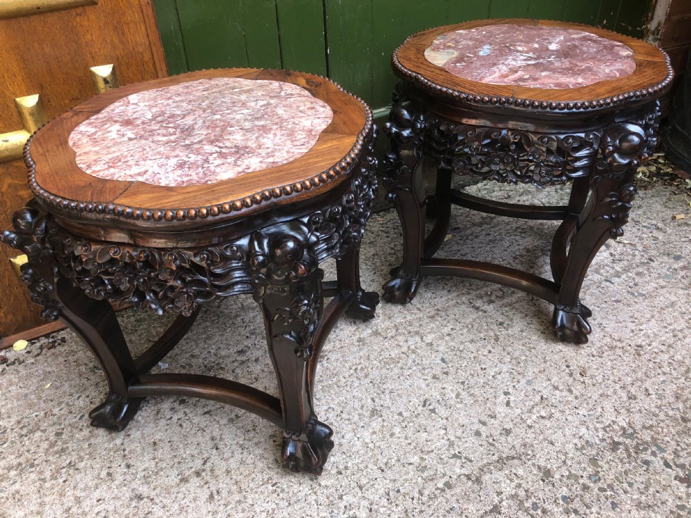 Pair of late C19th Chinese Qing Dynasty carved hardwood marble-topped tables or bowl-stands . View XII