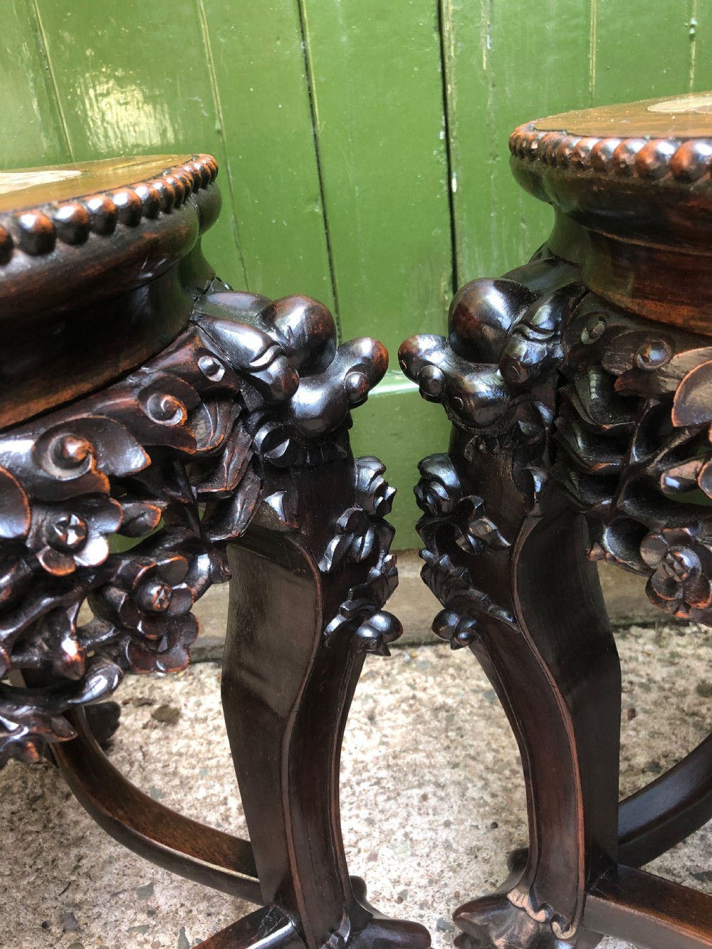 Pair of late C19th Chinese Qing Dynasty carved hardwood marble-topped tables or bowl-stands . View XIII