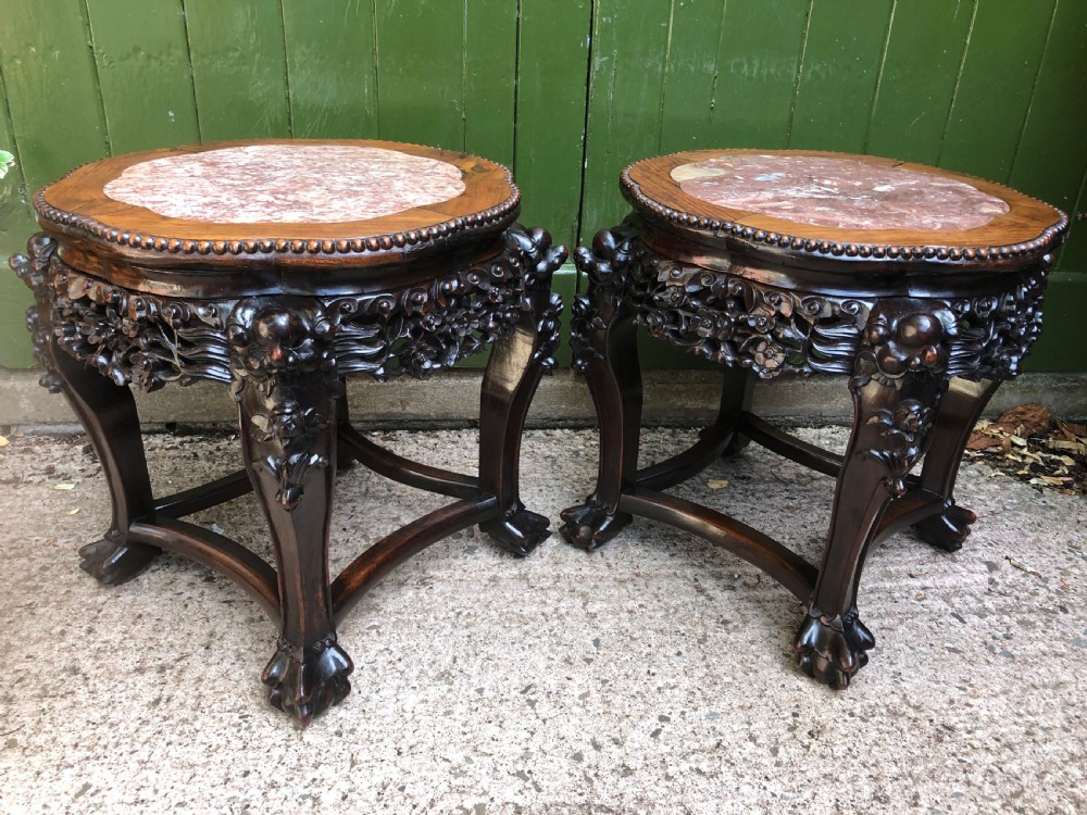 Pair of late C19th Chinese Qing Dynasty carved hardwood marble-topped tables or bowl-stands . View XIV