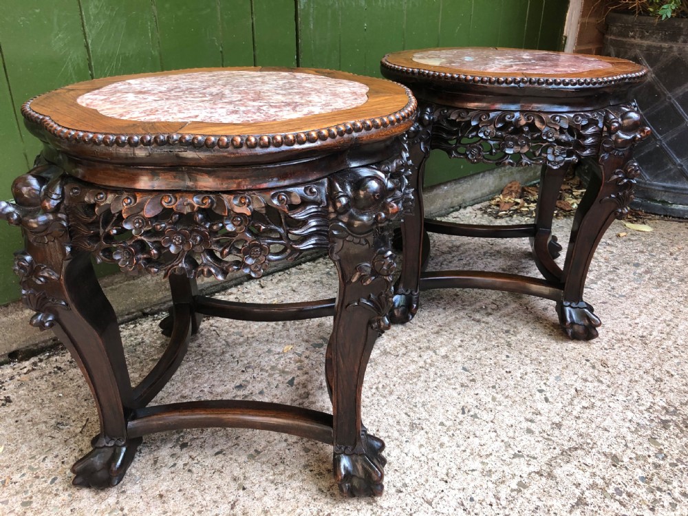 Pair of late C19th Chinese Qing Dynasty carved hardwood marble-topped tables or bowl-stands . View XV