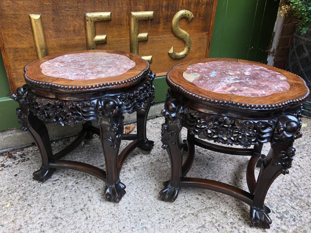 Pair of late C19th Chinese Qing Dynasty carved hardwood marble-topped tables or bowl-stands . View XVI