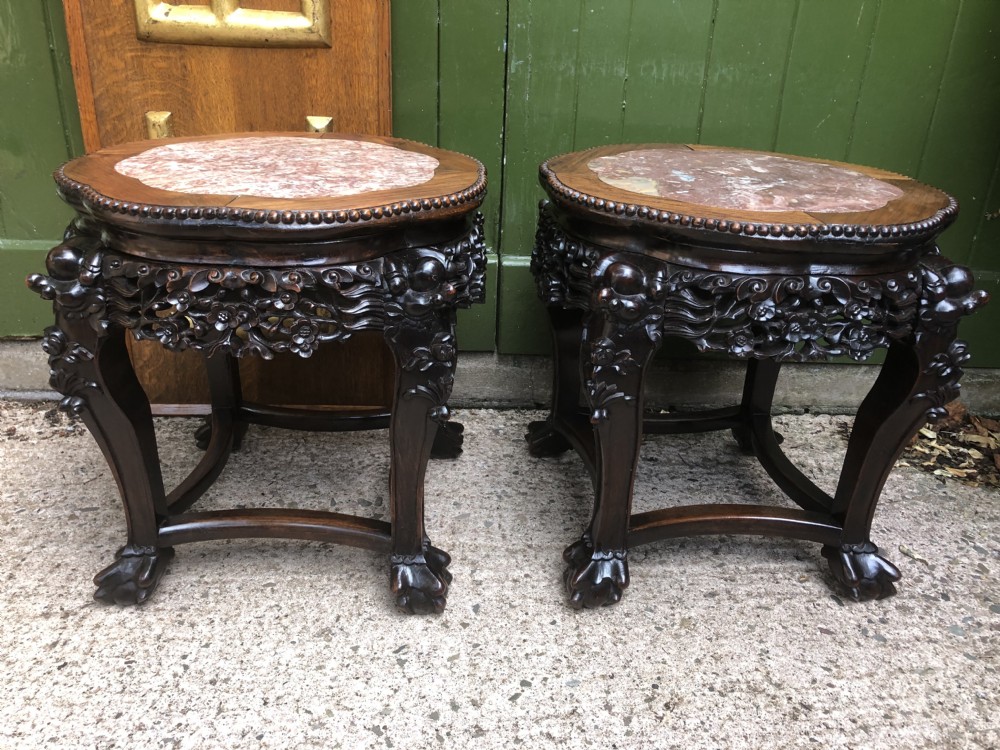 Pair of late C19th Chinese Qing Dynasty carved hardwood marble-topped tables or bowl-stands . View XVII