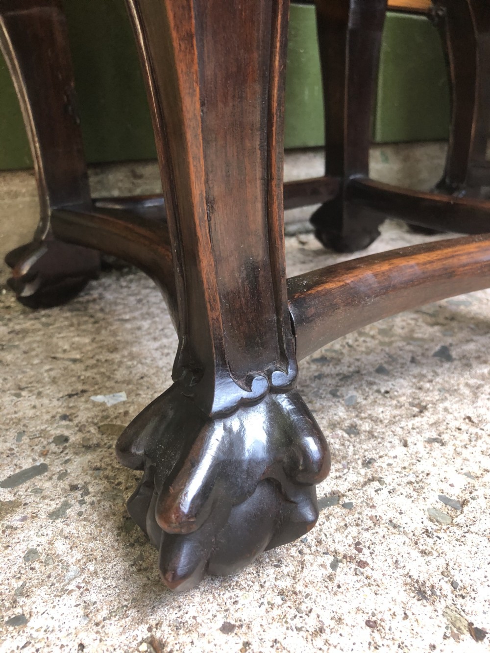Pair of late C19th Chinese Qing Dynasty carved hardwood marble-topped tables or bowl-stands . View XIX