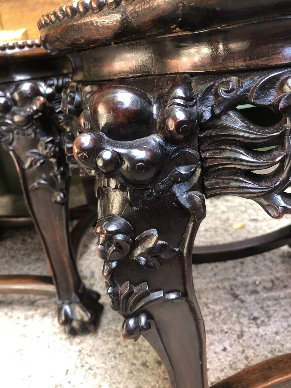 Pair of late C19th Chinese Qing Dynasty carved hardwood marble-topped tables or bowl-stands . View XX