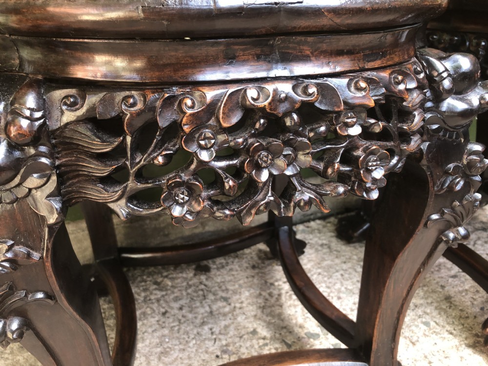 Pair of late C19th Chinese Qing Dynasty carved hardwood marble-topped tables or bowl-stands . View VI