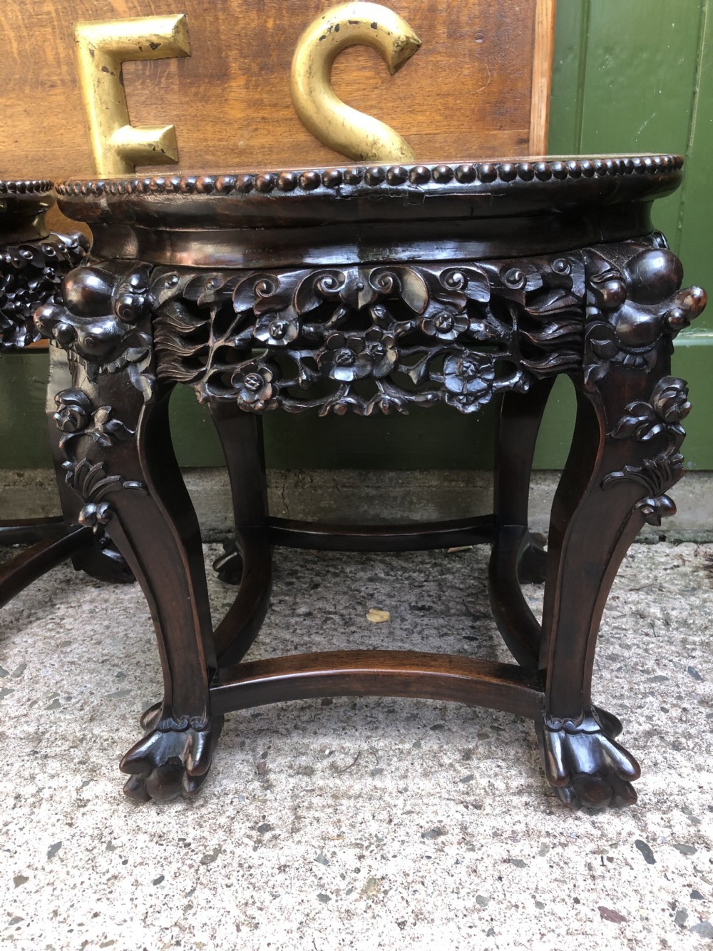 Pair of late C19th Chinese Qing Dynasty carved hardwood marble-topped tables or bowl-stands . View XXI