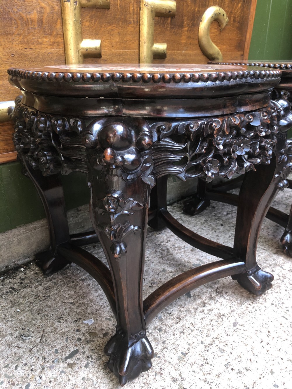 Pair of late C19th Chinese Qing Dynasty carved hardwood marble-topped tables or bowl-stands . View XXII