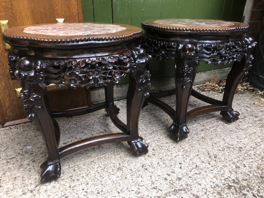 Pair of late C19th Chinese Qing Dynasty carved hardwood marble-topped tables or bowl-stands . View XXIII