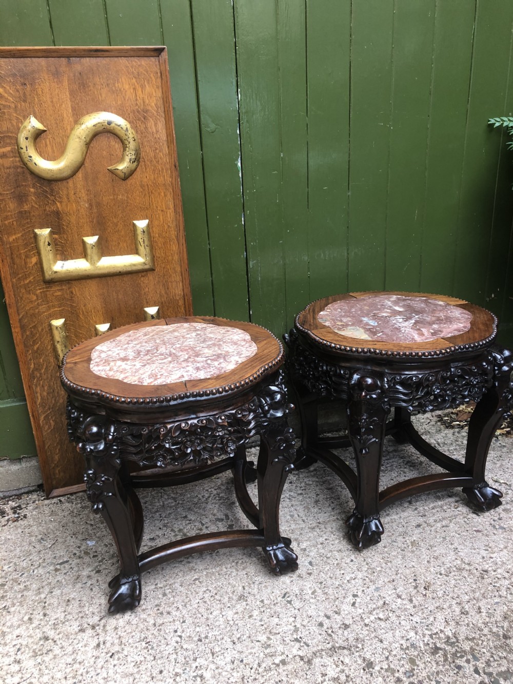 Pair of late C19th Chinese Qing Dynasty carved hardwood marble-topped tables or bowl-stands . View XXIV