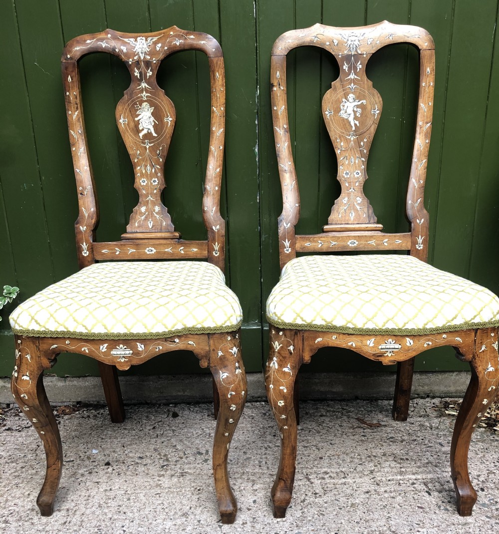 Pair of C18th Italian ivory-inlaid walnut side chairs. View XVIII