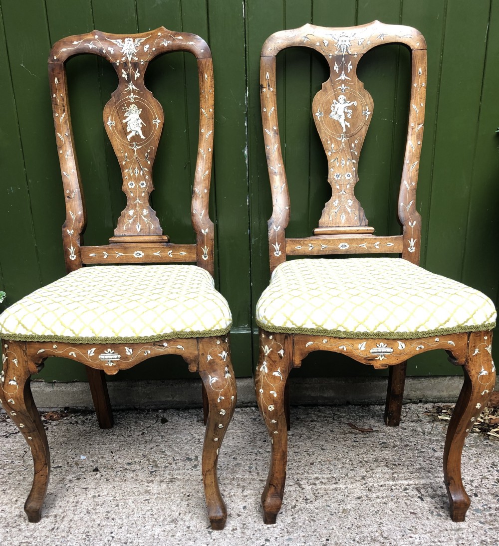 Pair of C18th Italian ivory-inlaid walnut side chairs. View II