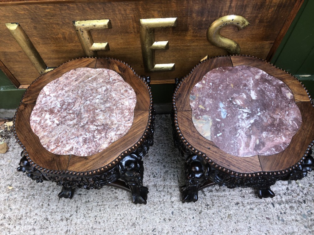 Pair of late C19th Chinese Qing Dynasty carved hardwood marble-topped tables or bowl-stands . View XXVI