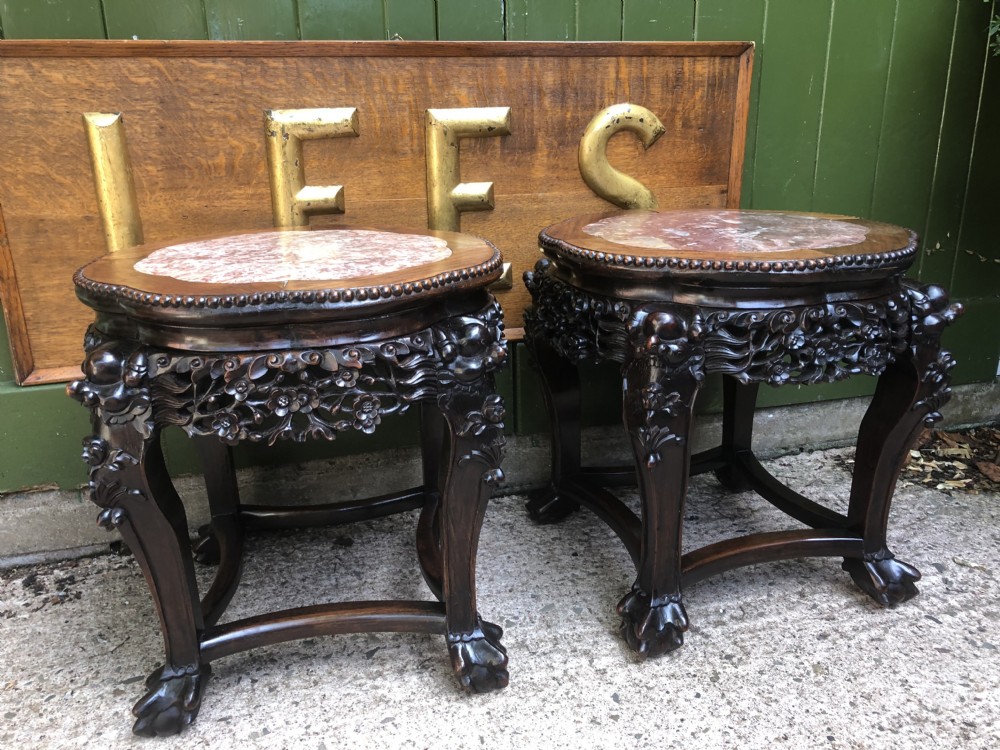 Pair of late C19th Chinese Qing Dynasty carved hardwood marble-topped tables or bowl-stands . View VII