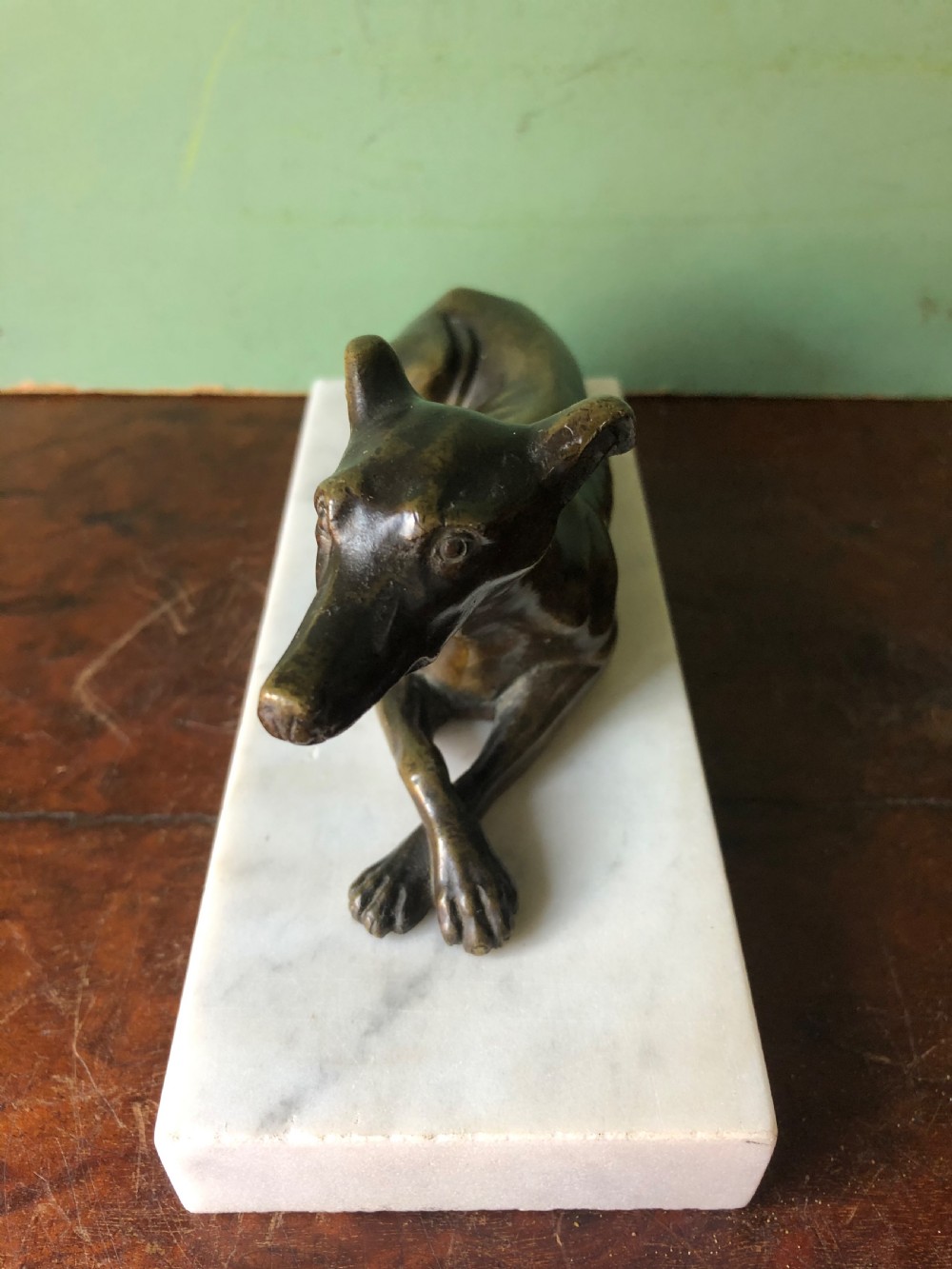 C19th Regency period bronze greyhound or whippet on carrara marble block base. View III