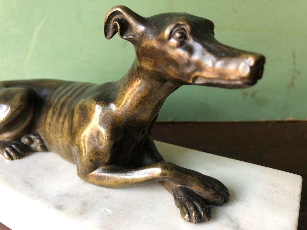 C19th Regency period bronze greyhound or whippet on carrara marble block base. View IV