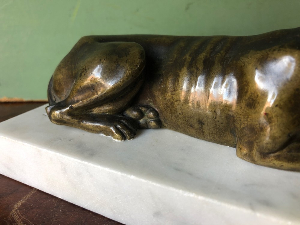 C19th Regency period bronze greyhound or whippet on carrara marble block base. View V
