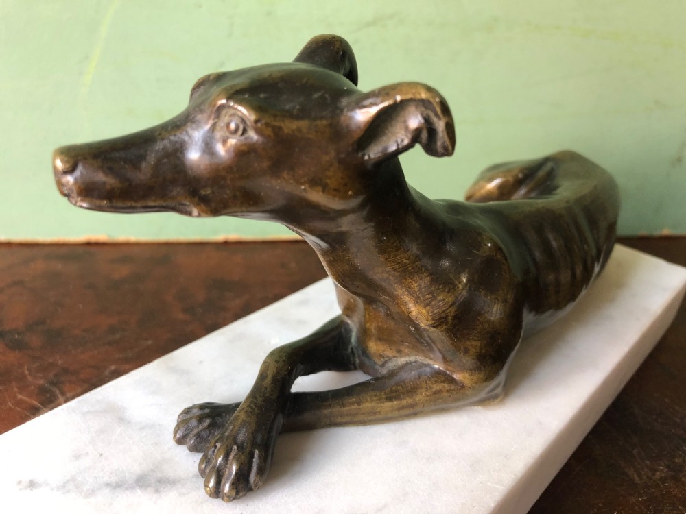 C19th Regency period bronze greyhound or whippet on carrara marble block base. View VII