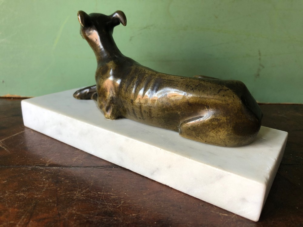 C19th Regency period bronze greyhound or whippet on carrara marble block base. View VIII