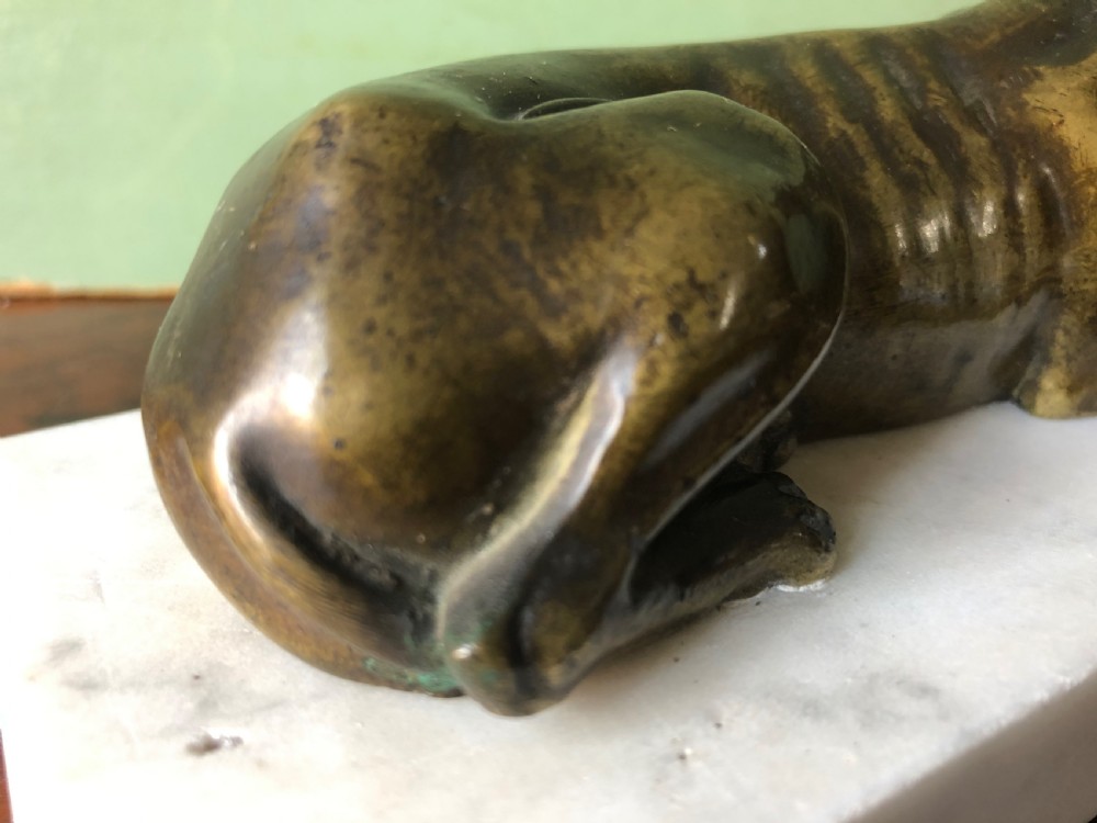 C19th Regency period bronze greyhound or whippet on carrara marble block base. View X