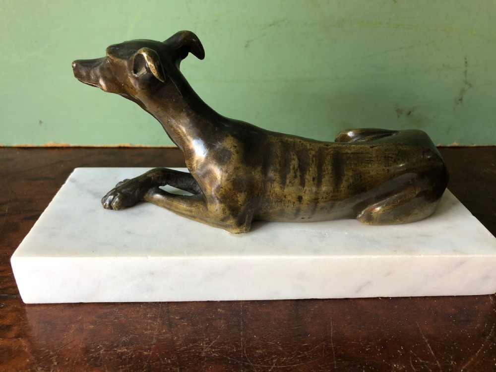 C19th Regency period bronze greyhound or whippet on carrara marble block base. View XI