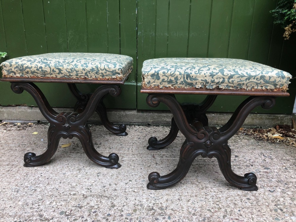 Pair of early C19th William IV period carved  rosewood stools of X-frame form . View II